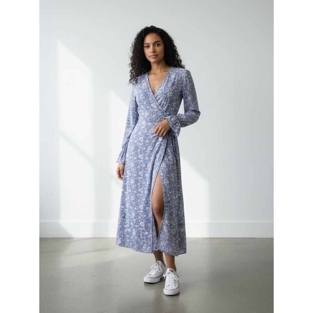 Paige Blue Purple Floral Long Sleeve Metallic Cotton Georgette Midi Wrap Dress S